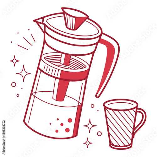 Vector illustration of a French press coffee maker with a cup, ideal for beverage branding and home decor