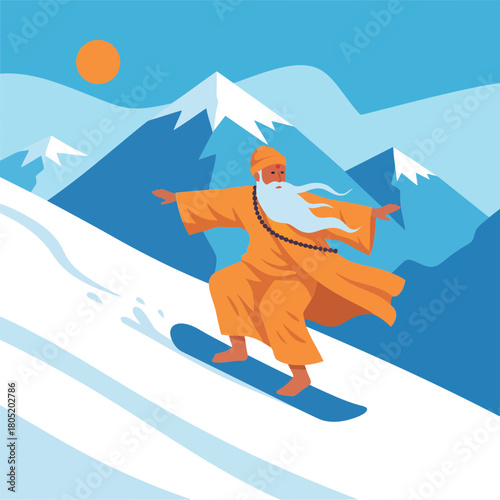 Monk snowboarding down a snowy mountain slope