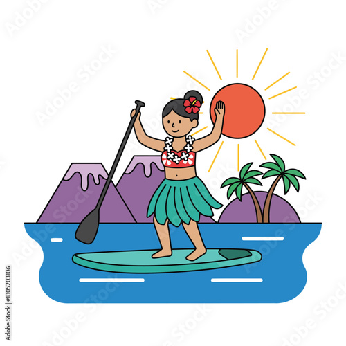 Woman paddleboarding in the ocean with volcanoes and palm trees