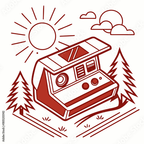Vector illustration retro photo camera illustration in nature, sunlit background, vintage style, copy space