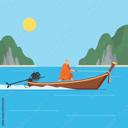 Monk in a boat on the sea with mountains in the background