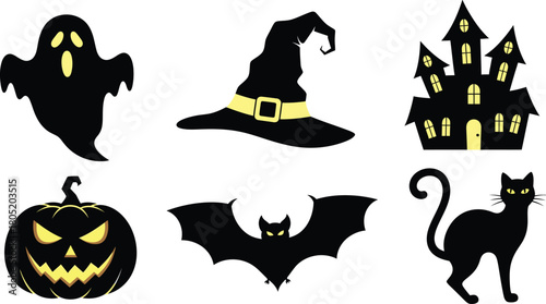 Halloween spooky illustration with haunted house ghosts bats witch hat and pumpkin vector design