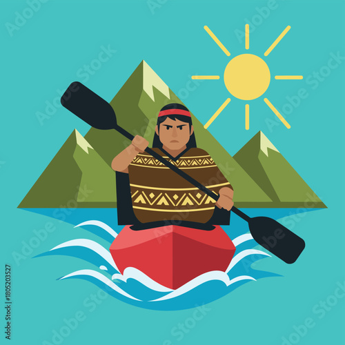 Native american paddling kayak in mountains under sun
