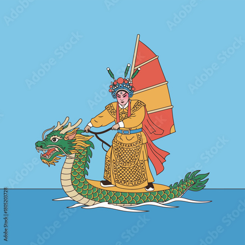 Person in traditional costume riding dragon boat