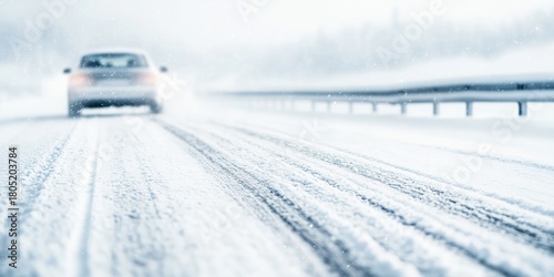 Panoramic view of a car on the winter dirty road in snowfall. Hazzard outdoors conditions.
