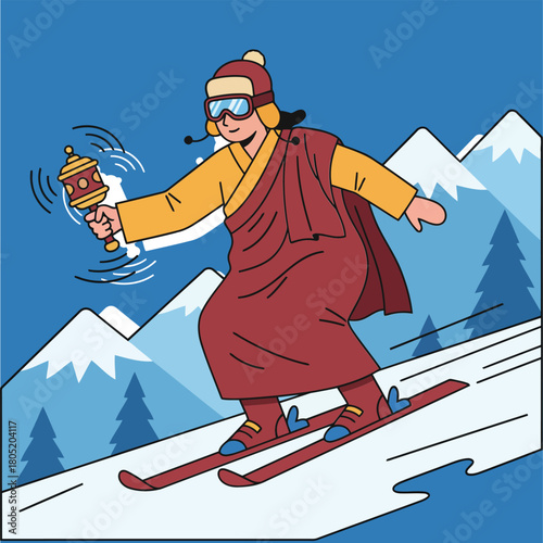 Monk skiing down a snowy mountain with prayer wheel