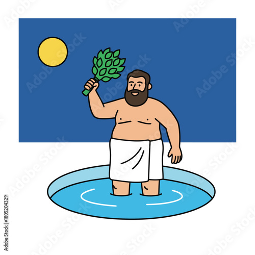 Man in a sauna with a birch broom and pool