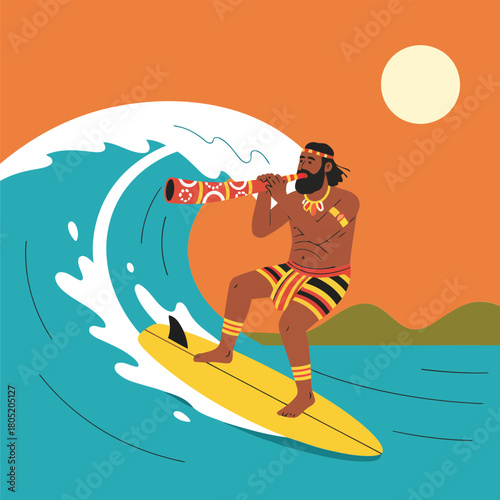 Man surfing a wave and playing a didgeridoo