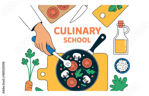 Culinary school student learning to cook in a professional kitchen setting