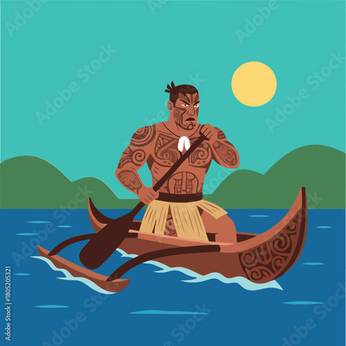 Man with tattoos paddling a canoe on the ocean