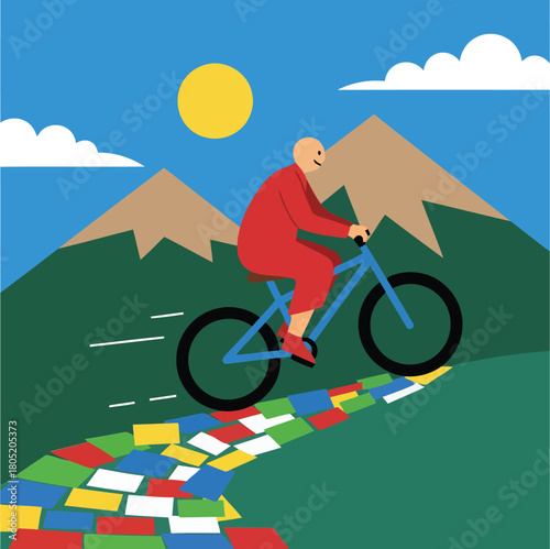 Elderly person in red robe cycling on mountain path