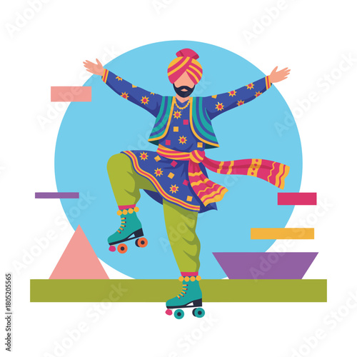 Man in traditional indian attire roller skating