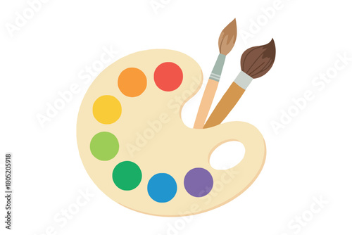 An artist's palette holds a rainbow of colors with two paintbrushes ready for use.