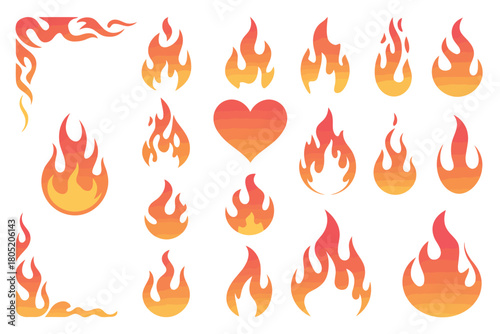 A collection of stylized flame icons and borders on a white background.
