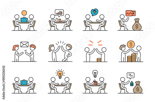 Diverse business icons depict collaboration, success, and financial growth.