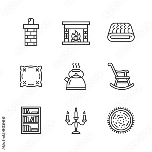 Icon set featuring cozy home elements in line art style