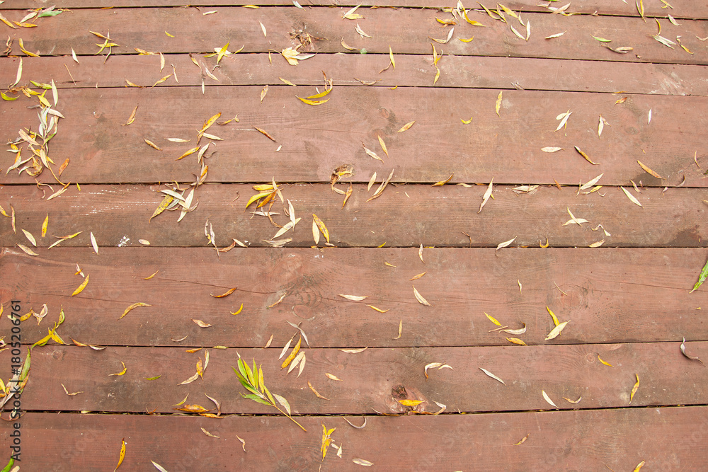 Naklejka premium Bright yellow and brown leaves lie on the surface of a wooden deck during the fall season. The leaves add a touch of nature and beauty to the outdoor space.