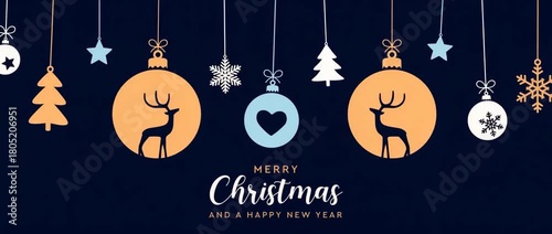 christmas greeting card with decorative christmas balls with reindeer illustrated animation