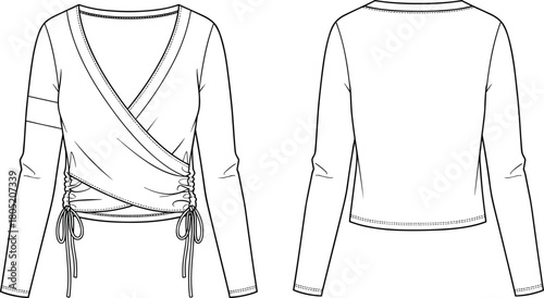 Wrap style top sketch, long sleeve fashion drawing, technical garment illustration, V-neckline design, adjustable drawstring detail, stylish vector apparel outlineWrap style top sketch