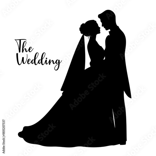 Elegant silhouette of a bride and groom in a loving embrace on their wedding day.