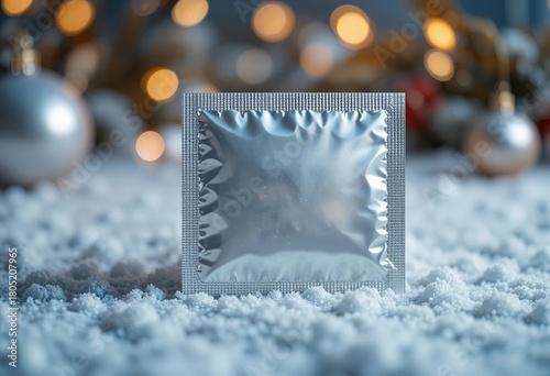 Condom foil pack on textured snowy background, soft cool tones, elegant Christmas décor blurred in corners.