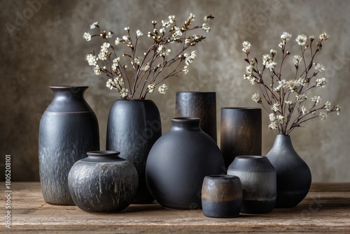 Beautiful Black Vases With White Flowers Arranged on Rustic Wooden Table in S...