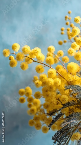 Bright Yellow Mimosa Flowers Against a Soft Blue Background Creating a Cheerf...