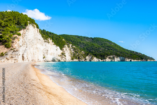 Fototapeta Naklejka Na Ścianę i Meble -  Majestic white limestone cliffs towering over a quiet pebble Vignanotica beach on the Gargano coast, Apulia, Italy