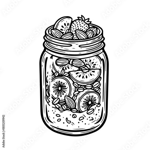 A black and white line art illustration of a mason jar filled with overnight oats, kiwi, strawberries, and almonds.