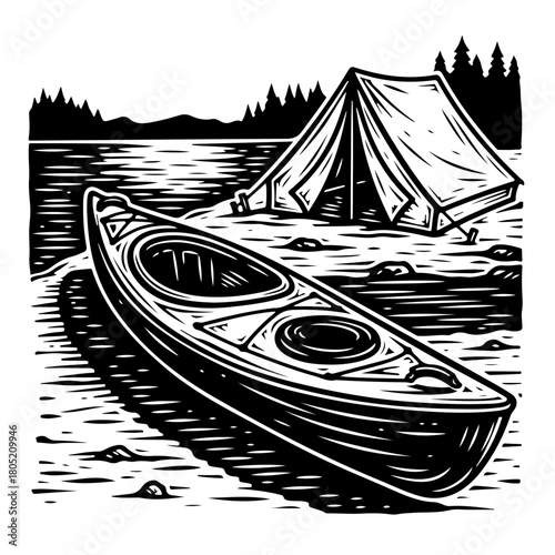 A black and white woodcut illustration of a kayak on a shore with a tent and forest in the background.