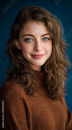 Bright Blue-Eyed Woman Smiles Softly Under a Blue Backdrop in Warm Light