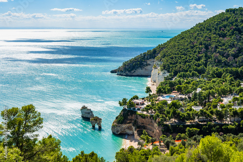 Fototapeta Naklejka Na Ścianę i Meble -  Sweeping view of the sandy shoreline and gentle waves along the beach of Baia delle Zagare, Apulia, Italy