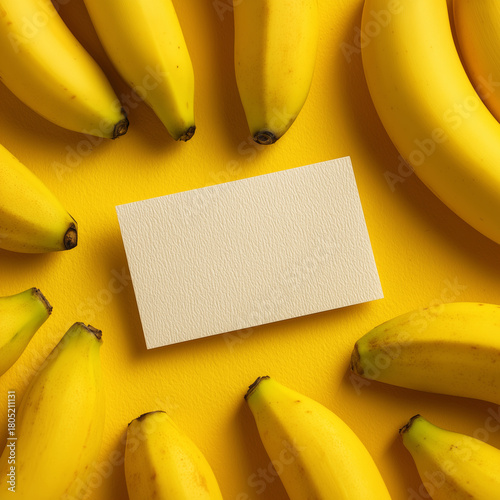 Creative arrangement of bananas around a blank card on a vibrant yellow surface