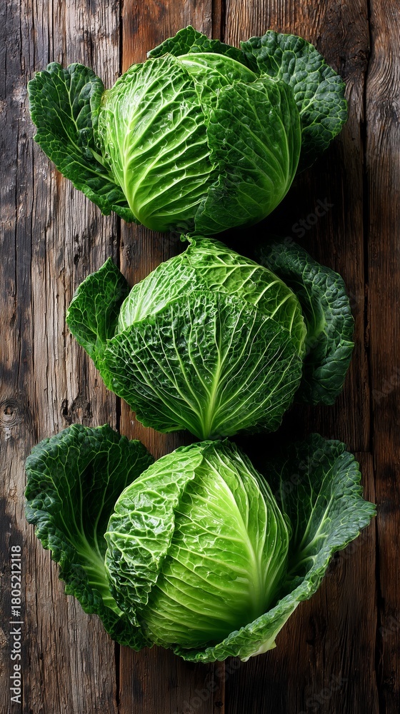 Fototapeta premium Fresh Green Cabbages Arranged on Rustic Wooden Table With Natural Lighting