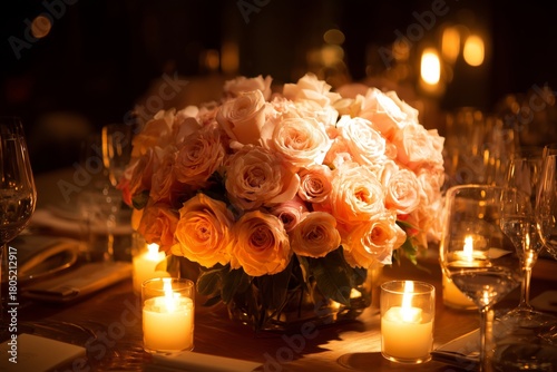 Elegant Rose Bouquet Centerpiece With Candles at a Romantic Dinner Setting in...
