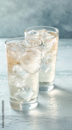Refreshing Glasses Filled With Sparkling Water and Ice on a Light Background