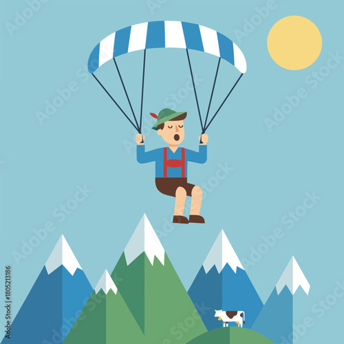 Man paragliding over green mountains under sunny sky