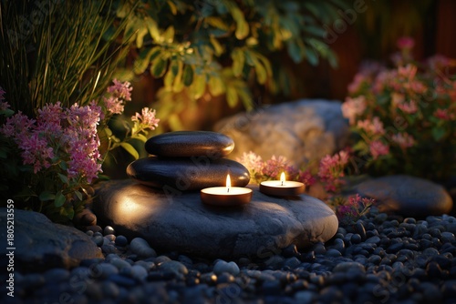 Relaxing Evening Candles and Stones in a Serene Garden Setting During Twilight