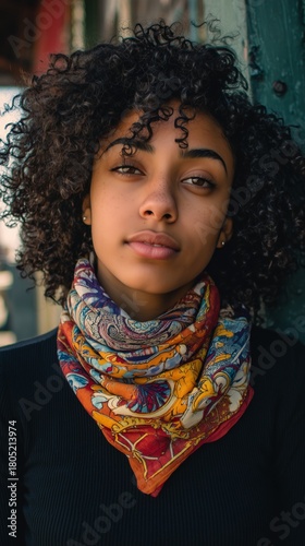 Woman With Curly Hair Wearing a Colorful Scarf Stands Confidently Outdoors Ag...