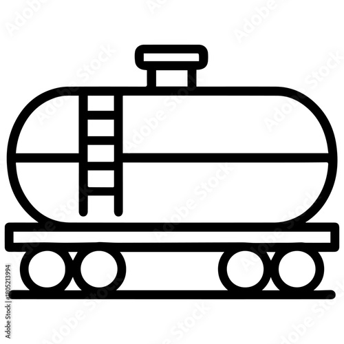 Minimalist line icon of a railroad tank car—cylindrical tanker wagon with ladder and dome—perfect for logistics maps, oil and chemical transport signage, infographics, and industrial branding.
