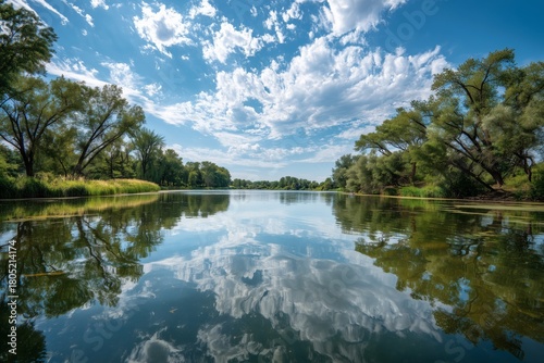 Clear Blue Sky Reflects on Calm River Surrounded by Lush Greenery in Midday Sun