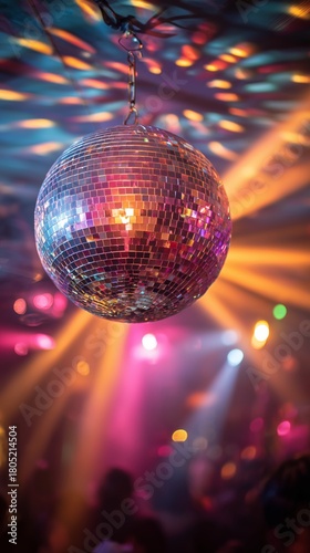 Colorful Disco Ball Hanging in a Lively Dance Club With Vibrant Lights and an...