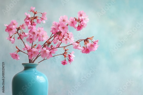 Cherry Blossom Branches in a Turquoise Vase Against a Soft Blue Background
