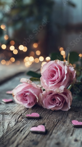 Lovely Pink Roses on a Wooden Table With Heart Decorations and Soft Lights in...