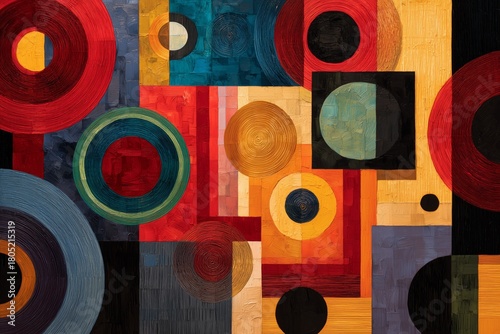 Colorful Abstract Artwork Featuring Circles, Squares, and Vibrant Patterns in...