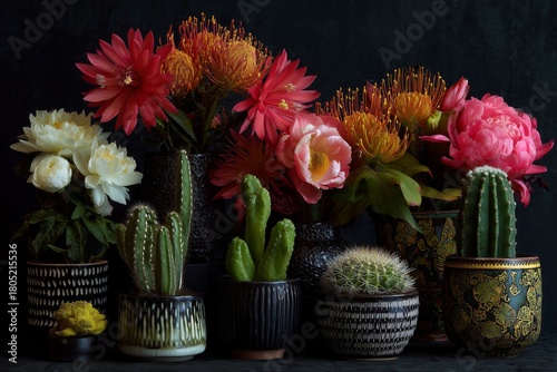 Colorful Display of Flowers and Cacti in Decorative Pots on a Dark Background