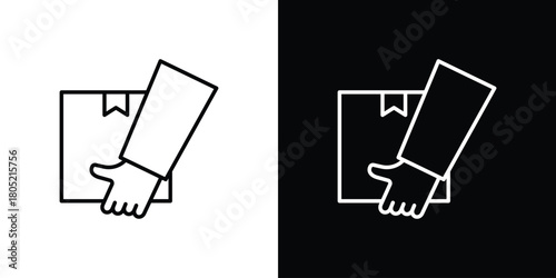 Hand holding box icon. Outline symbol for Website UI