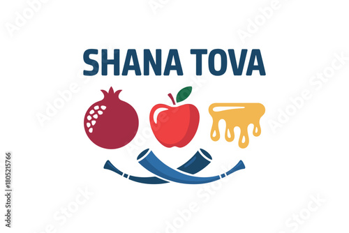 Shana Tova greeting with symbols of Rosh Hashanah: pomegranate, apple, honey, and shofar.