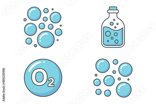 Bubbles, a bottle, and oxygen molecule graphic representations are shown