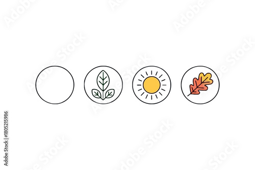 Four circular icons represent the four seasons, from left to right: blank, spring growth, summer sun, and autumn leaf.
